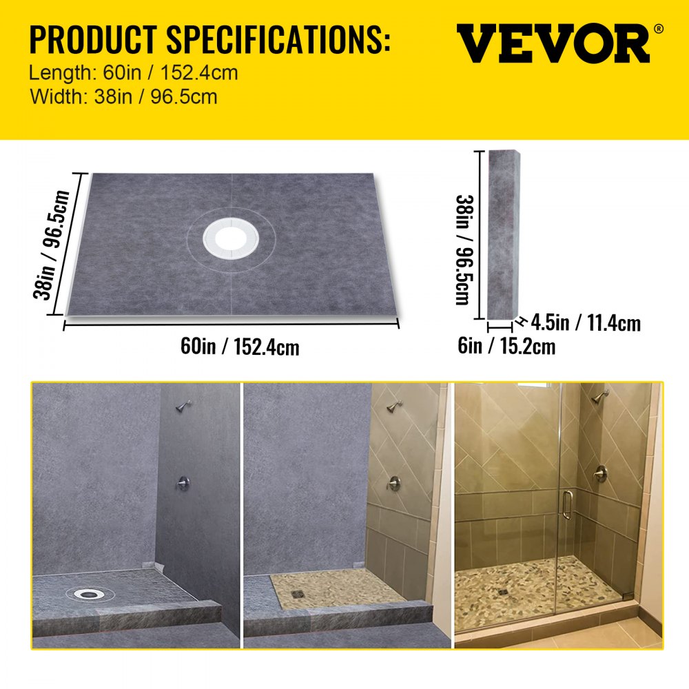Dimensiones del producto del kit de bordillo de ducha VEVOR y ejemplos de instalación.