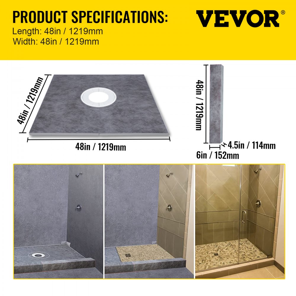 Especificaciones del kit de bordillo de ducha VEVOR con imágenes de opciones de instalación para base de ducha de 48 x 48 pulgadas.