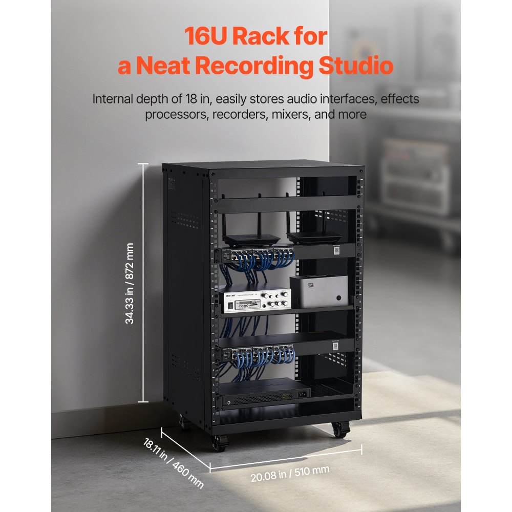 VEVOR - Rack AV de 16 U, capacidad máxima de 90 kg, para estudio de grabación en casa con ruedas bloqueables, gabinete de servidor de marco abierto, diseño de ventilación especial, para montaje de equipos de audio, video, música y TI de 19 pulgadas