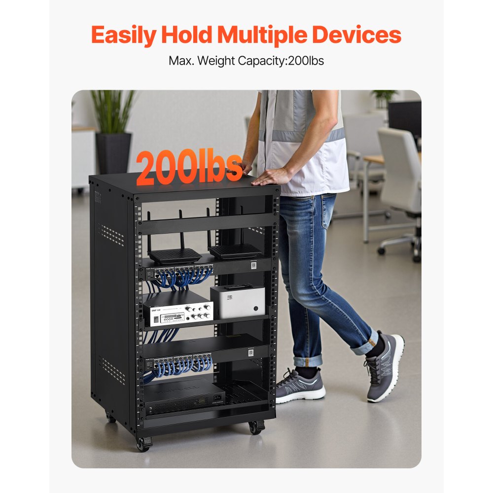 VEVOR - Rack AV de 16 U, capacidad máxima de 90 kg, para estudio de grabación en casa con ruedas bloqueables, gabinete de servidor de marco abierto, diseño de ventilación especial, para montaje de equipos de audio, video, música y TI de 19 pulgadas