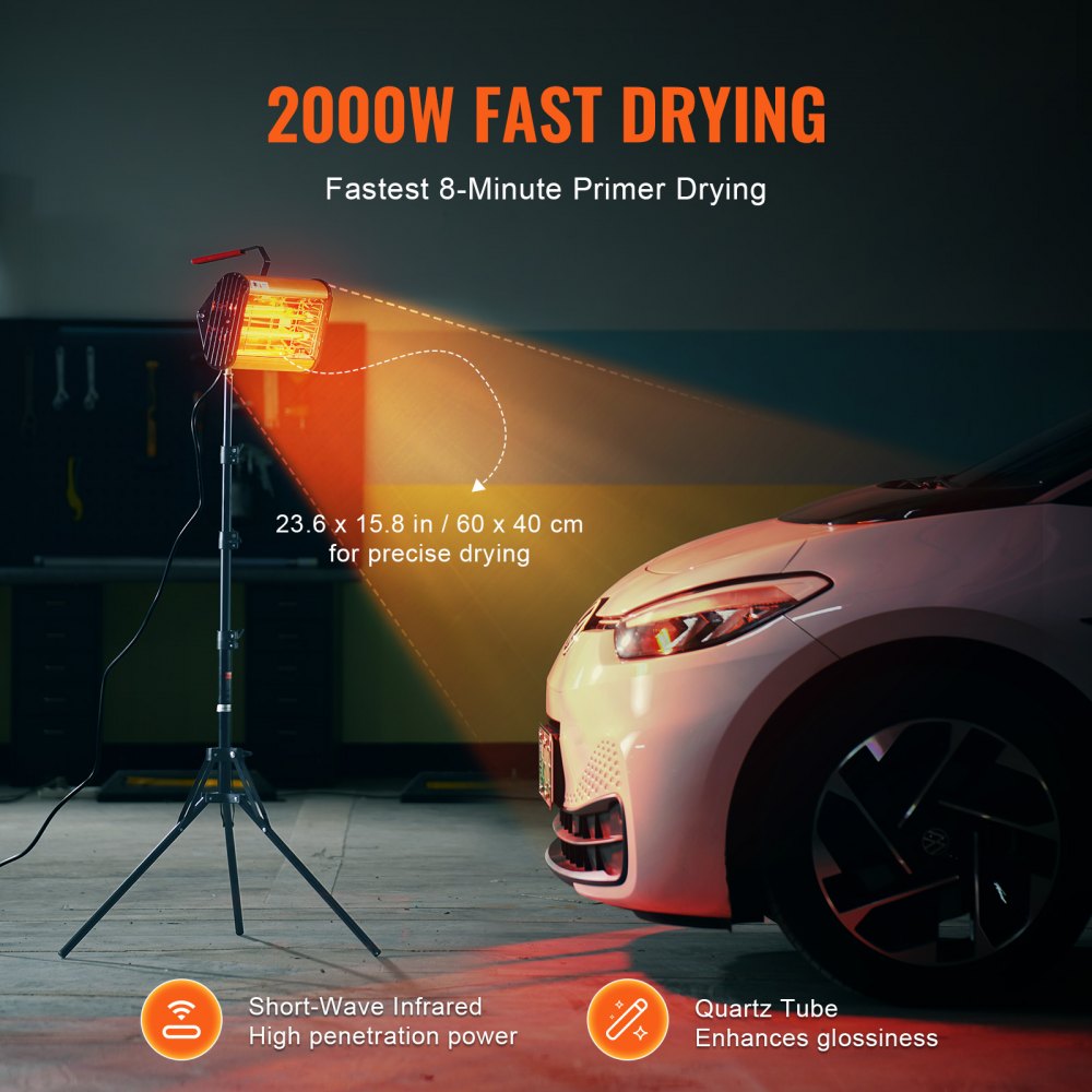 Lámpara de curado por infrarrojos VEVOR, de doble uso, portátil o de pie, 2000 W, temporizador de 0 a 90 min, luz de curado para coche con calentamiento automático y soporte, calentadores para cabinas de horneado por pulverización de 3,55 pies cuadrados, secador de pintura para reparaciones in situ.