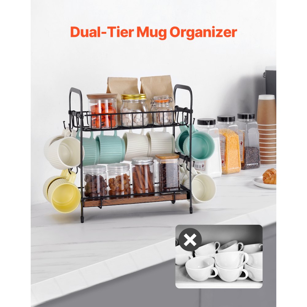 VEVOR Organizador de barra de café de 2 niveles para encimera, soporte multifuncional para tazas y estación de café, 12 ganchos móviles y 2 estantes para guardar y exhibir accesorios de café, oficina en casa (negro mate)