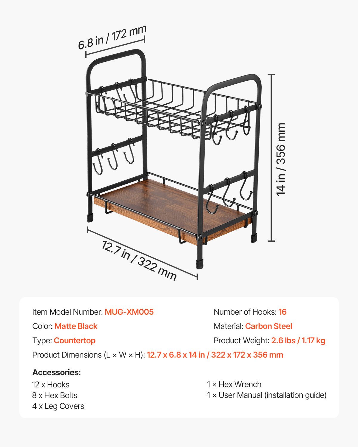 VEVOR Organizador de barra de café de 2 niveles para encimera, soporte multifuncional para tazas y estación de café, 12 ganchos móviles y 2 estantes para guardar y exhibir accesorios de café, oficina en casa (negro mate)