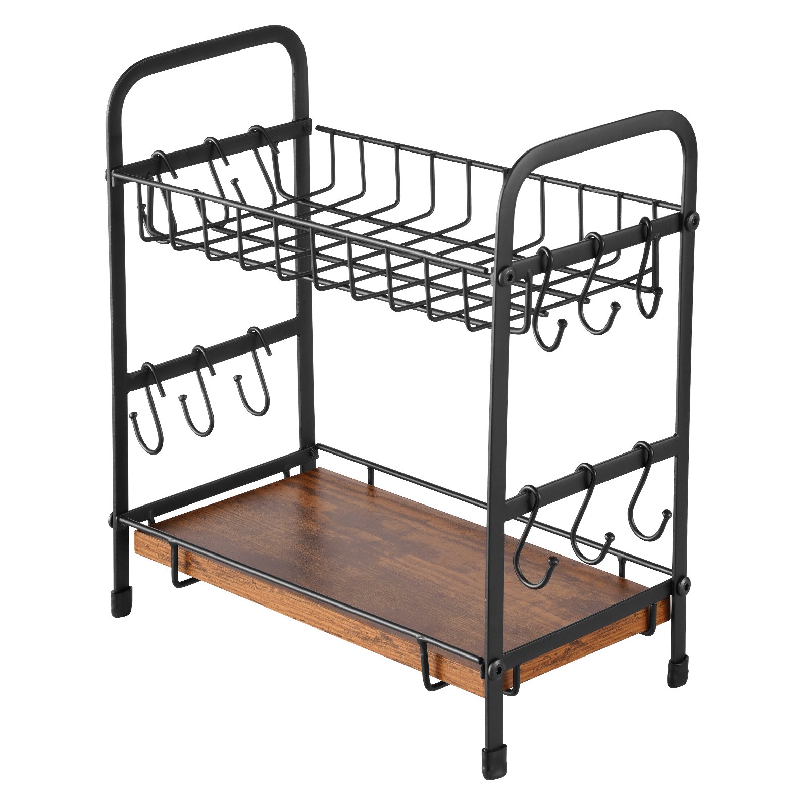 VEVOR Organizador de barra de café de 2 niveles para encimera, soporte multifuncional para tazas y estación de café, 12 ganchos móviles y 2 estantes para guardar y exhibir accesorios de café, oficina en casa (negro mate)