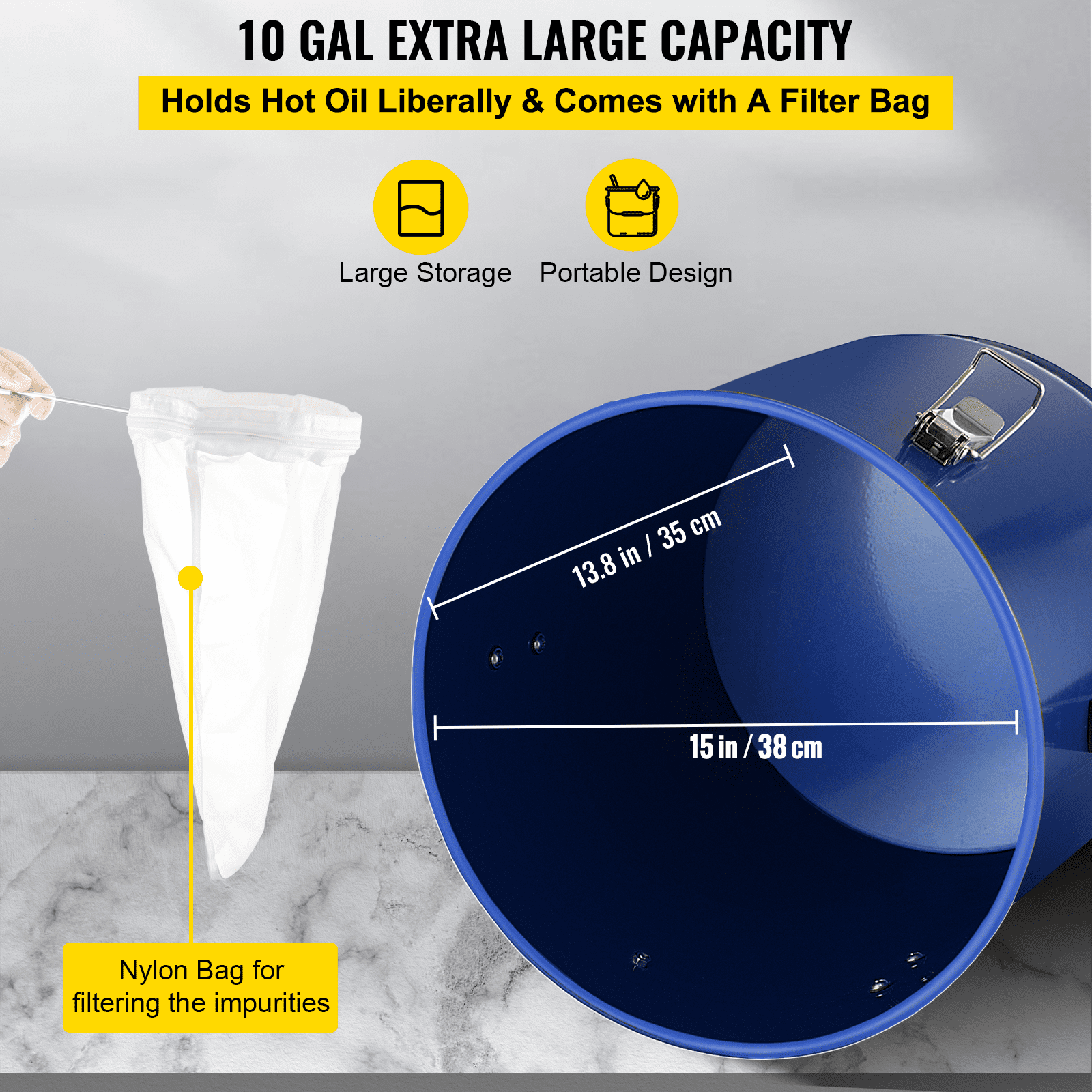 Cubo de grasa para freidora VEVOR de 10 galones, contenedor de eliminación de aceite Cubo de aceite para freidora de acero con revestimiento a prueba de óxido Contenedor de transporte de aceite de 37,9 l con tapa y clips de bloqueo Contenedor de aceite con bolsa de filtro para filtrar aceite de cocina