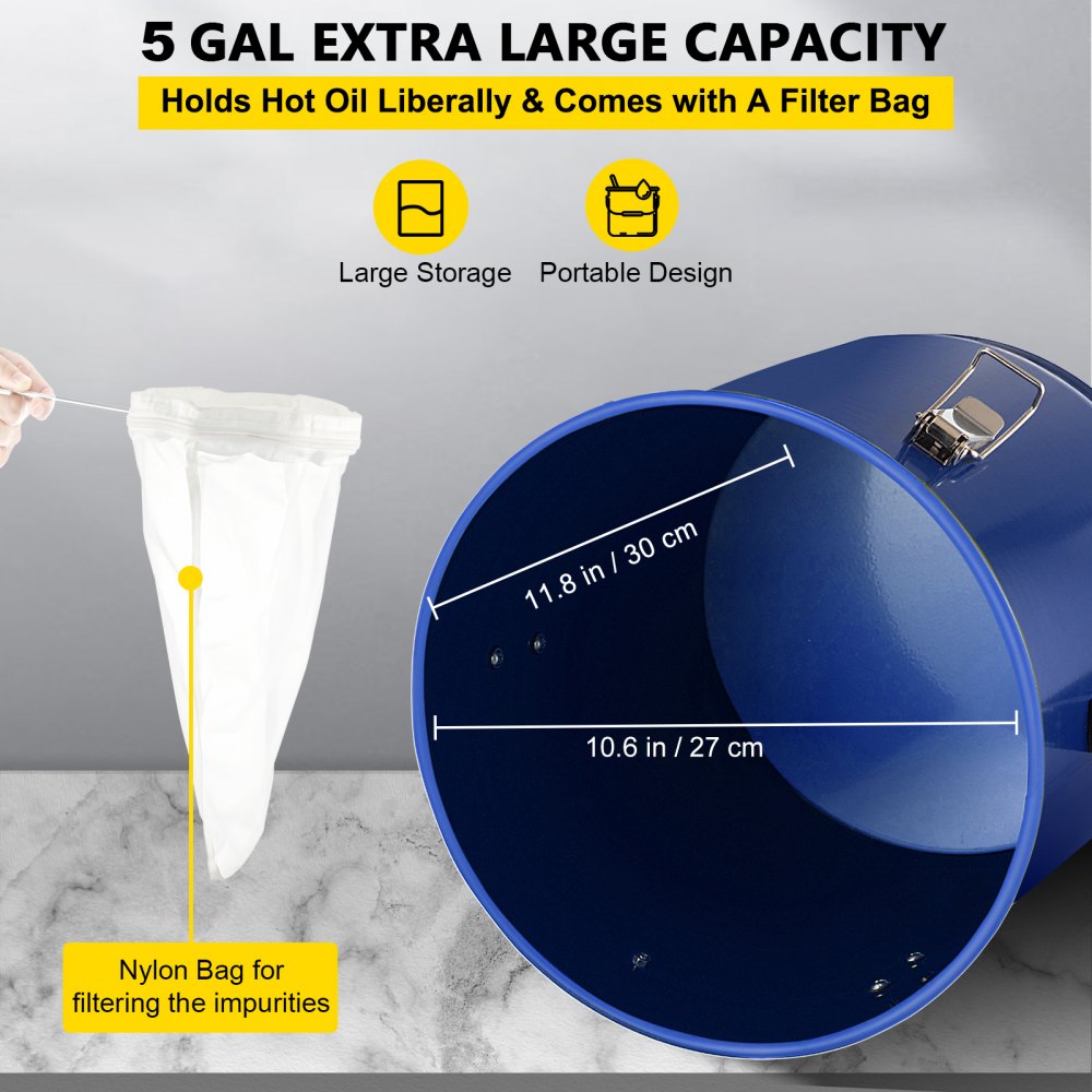 Cubo de grasa para freidora VEVOR de 5 galones, contenedor para desechar aceite Cubo de aceite para freidora de acero con revestimiento a prueba de óxido Contenedor de transporte de aceite de 18,9 l con tapa y clips de bloqueo Contenedor de aceite con bolsa de filtro Filtrado de aceite de cocina