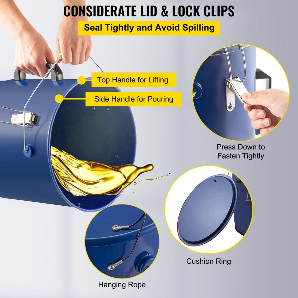 Cubo de grasa para freidora VEVOR de 5 galones, contenedor para desechar aceite Cubo de aceite para freidora de acero con revestimiento a prueba de óxido Contenedor de transporte de aceite de 18,9 l con tapa y clips de bloqueo Contenedor de aceite con bolsa de filtro Filtrado de aceite de cocina