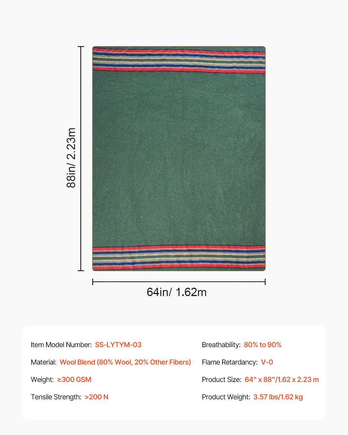 Manta de lana para camping VEVOR, grande y cálida, impermeable y resistente al viento, ignífuga, ideal para exteriores, picnics, senderismo, eventos deportivos y viajes. 162 x 223 cm (80 % lana), textura multicolor.