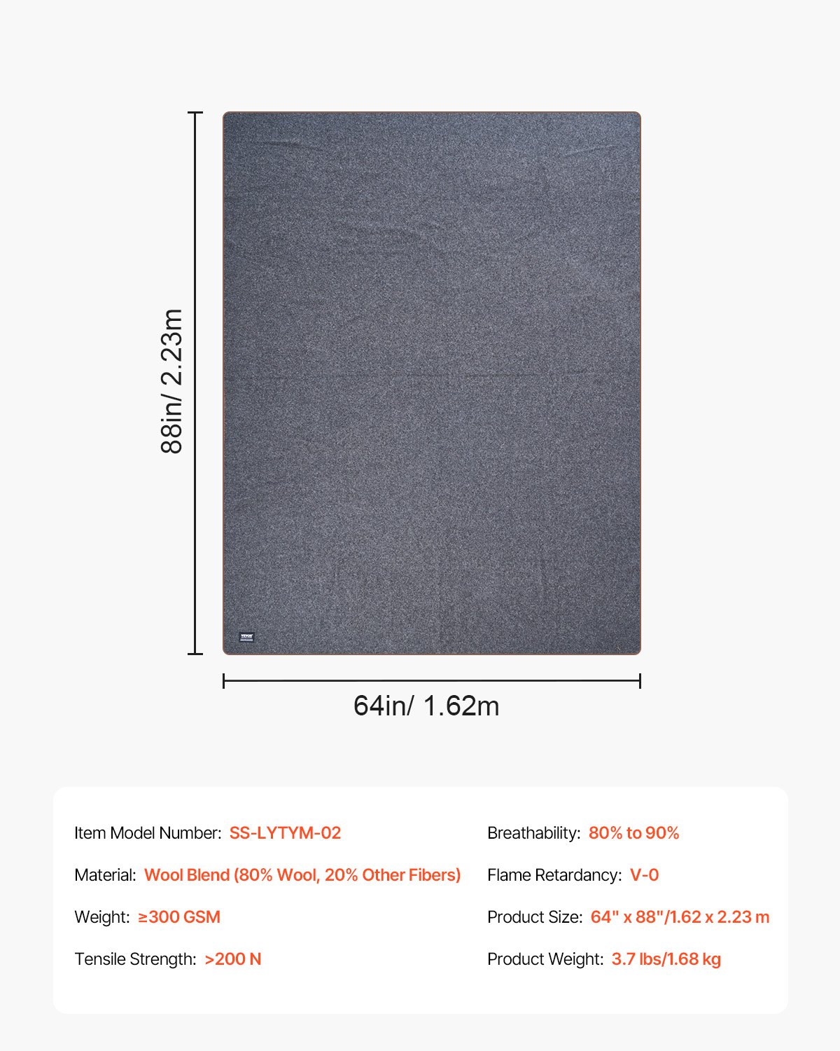 Manta de lana para camping VEVOR, grande y cálida, impermeable y resistente al viento, ignífuga, ideal para exteriores, picnics, senderismo, eventos deportivos y viajes, 162 x 223 cm (80 % lana), gris claro