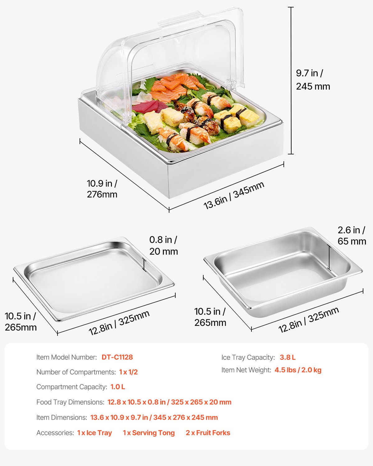 VEVOR - Recipiente de exhibición para servir alimentos de mostrador, bandeja de acero inoxidable de 1 x 1/2 bandeja, dispensador de condimentos para buffet con tapa transparente y bandeja de hielo, para restaurante, hotel, cocina, fiesta