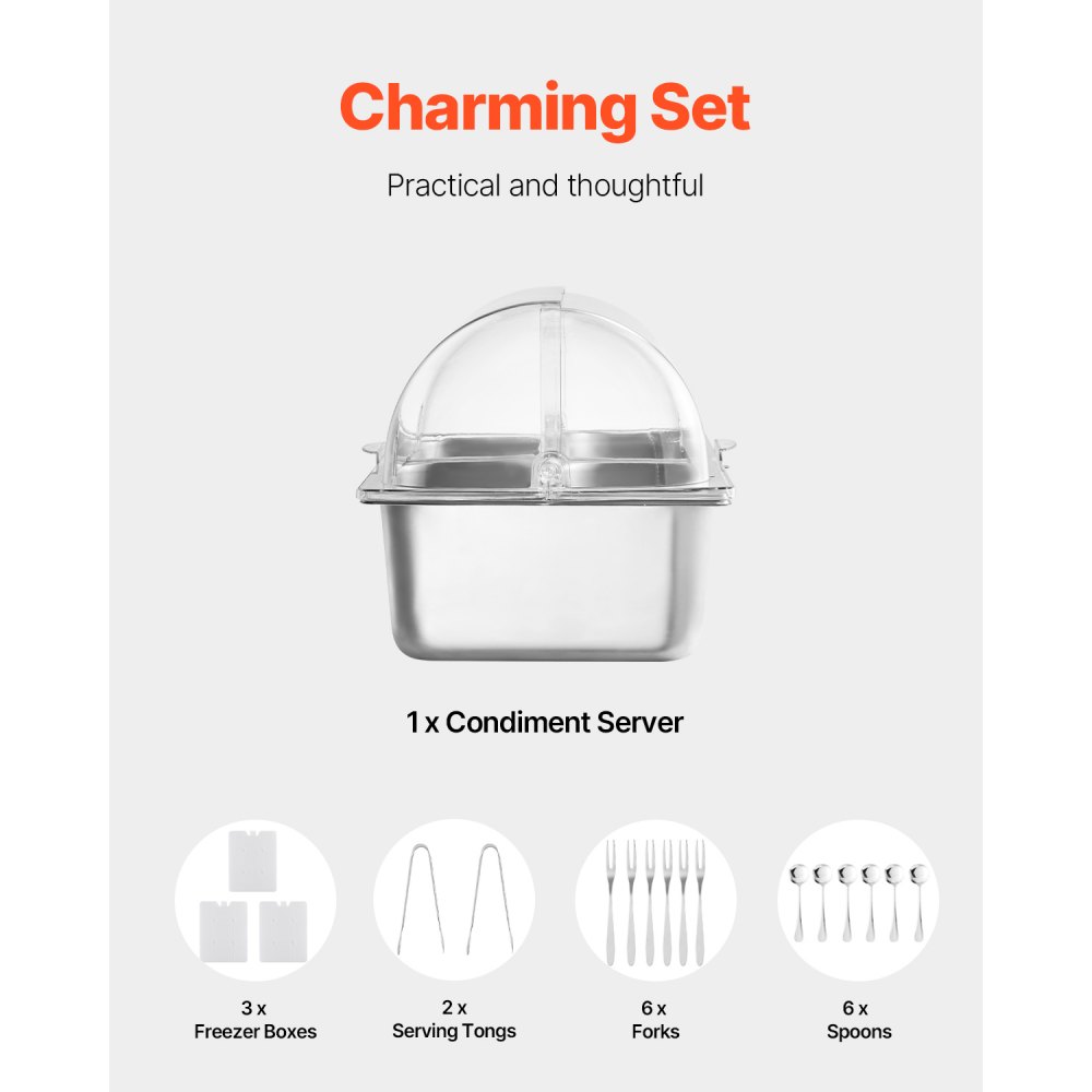 VEVOR - Recipiente de exhibición para servir alimentos de mostrador, bandeja de acero inoxidable para 4 bandejas, dispensador de condimentos para buffet con tapa transparente y 3 compartimentos para congelador, para restaurantes, hoteles, cocinas y fiestas.