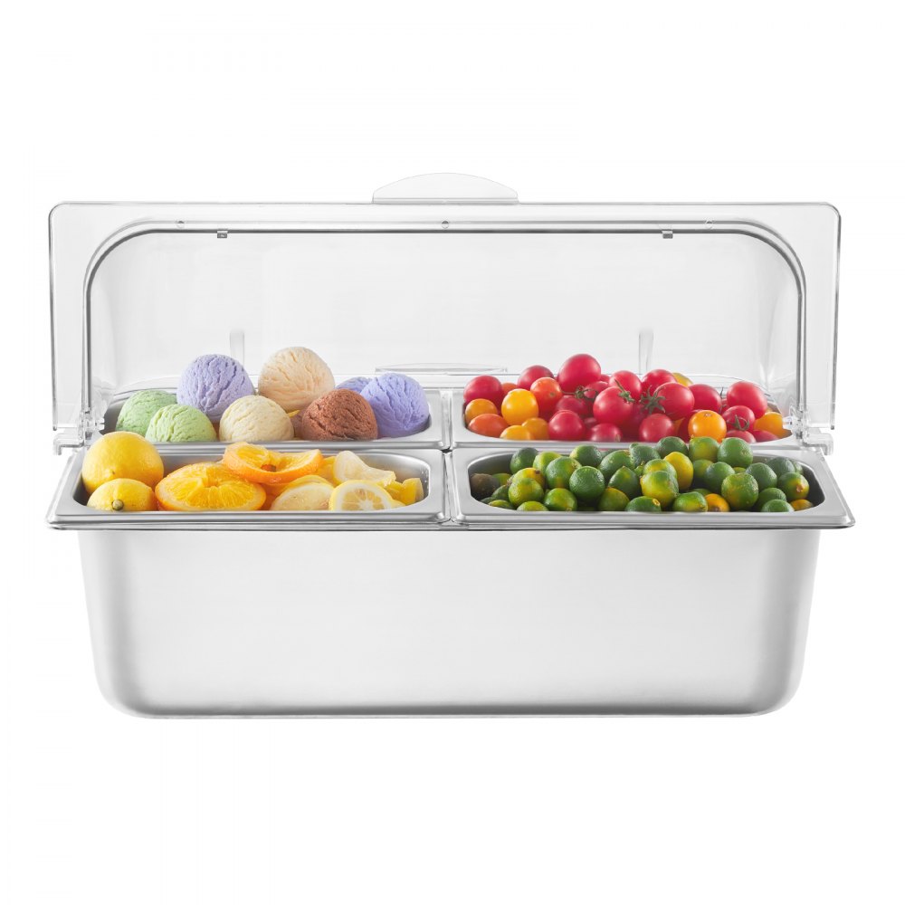 VEVOR - Recipiente de exhibición para servir alimentos de mostrador, bandeja de acero inoxidable para 4 bandejas, dispensador de condimentos para buffet con tapa transparente y 3 compartimentos para congelador, para restaurantes, hoteles, cocinas y fiestas.