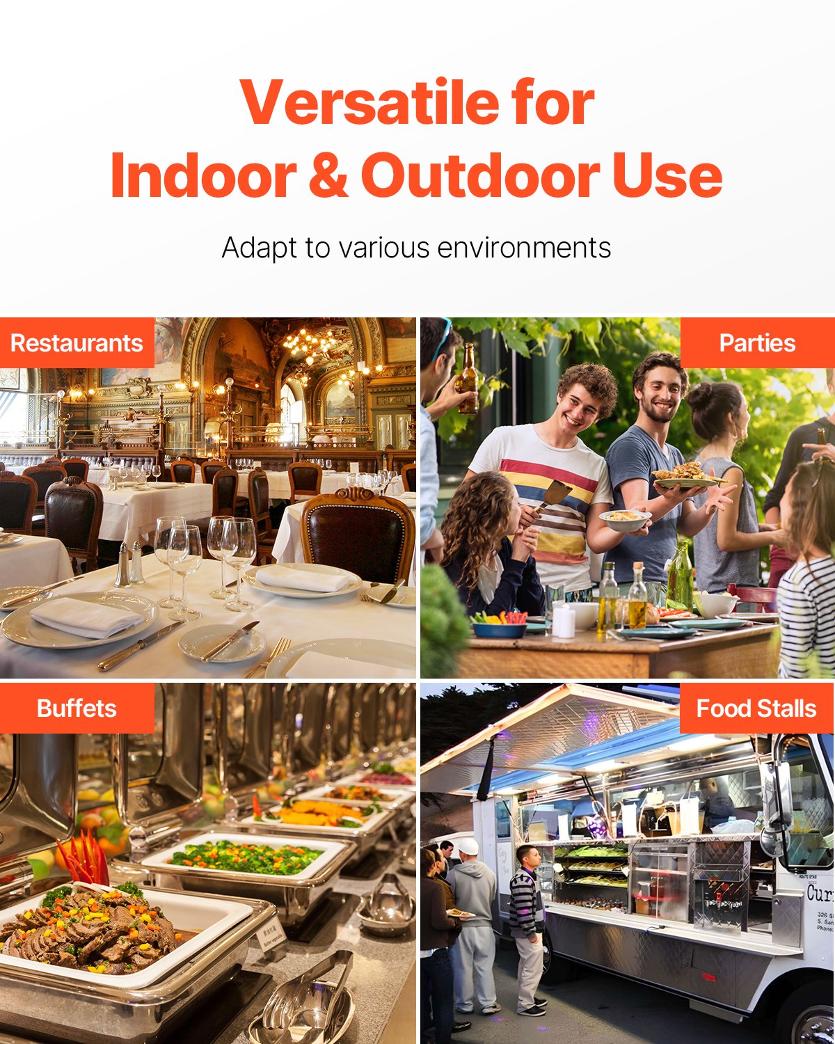 VEVOR - Recipiente de exhibición para servir alimentos de mostrador, bandeja de acero inoxidable para 4 bandejas, dispensador de condimentos para buffet con tapa transparente y 3 compartimentos para congelador, para restaurantes, hoteles, cocinas y fiestas.