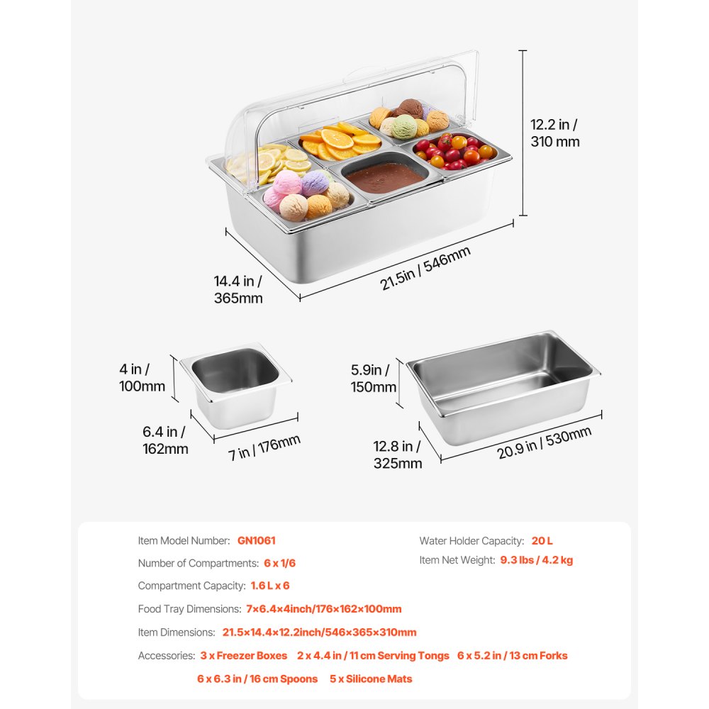 VEVOR - Recipiente de exhibición para servir alimentos de mostrador, bandeja de acero inoxidable para 6 bandejas, dispensador de condimentos para buffet con tapa transparente y 3 compartimentos para congelador, para restaurantes, hoteles, cocinas y fiestas.