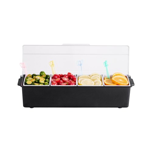 Servidor de condimentos refrigerados VEVOR, recipiente para servir condimentos refrigerado con 4 compartimentos, bandeja de bar con tapa, ideal para servir tacos, ensaladas y frutas, así como para el hogar y la restauración.