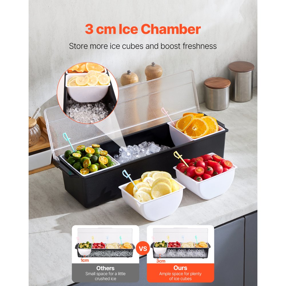 VEVOR Chilled Condiment Server, 4 Compartment Ice Cooled Condiment Serving Container, Chilled Garnish Tray Bar Caddy with Lid, for Bartending & Serving Taco, Salad, Fruit, Home & Restaurant Supplies