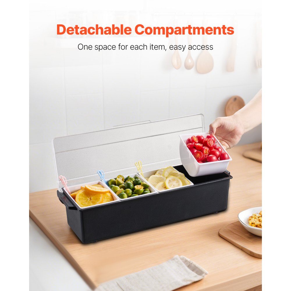 VEVOR Chilled Condiment Server, 4 Compartment Ice Cooled Condiment Serving Container, Chilled Garnish Tray Bar Caddy with Lid, for Bartending & Serving Taco, Salad, Fruit, Home & Restaurant Supplies