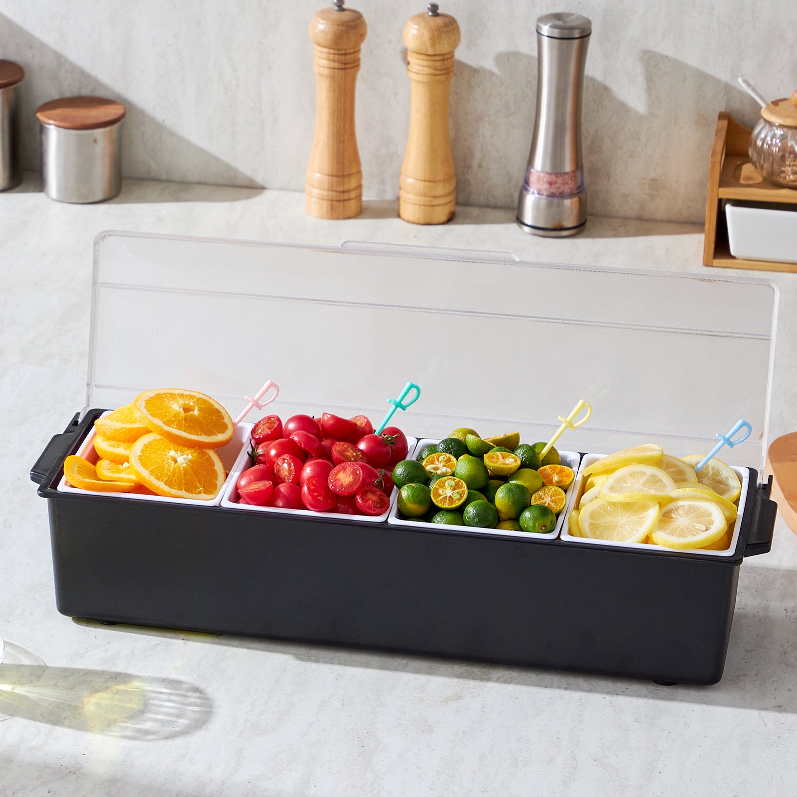 Bandeja para servir condimentos fríos con 4 compartimentos y tapa para frutas
