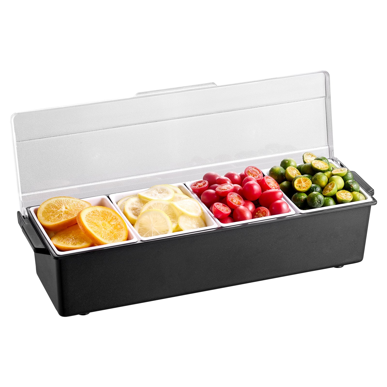 Bandeja para servir condimentos fríos con 4 compartimentos y tapa para frutas