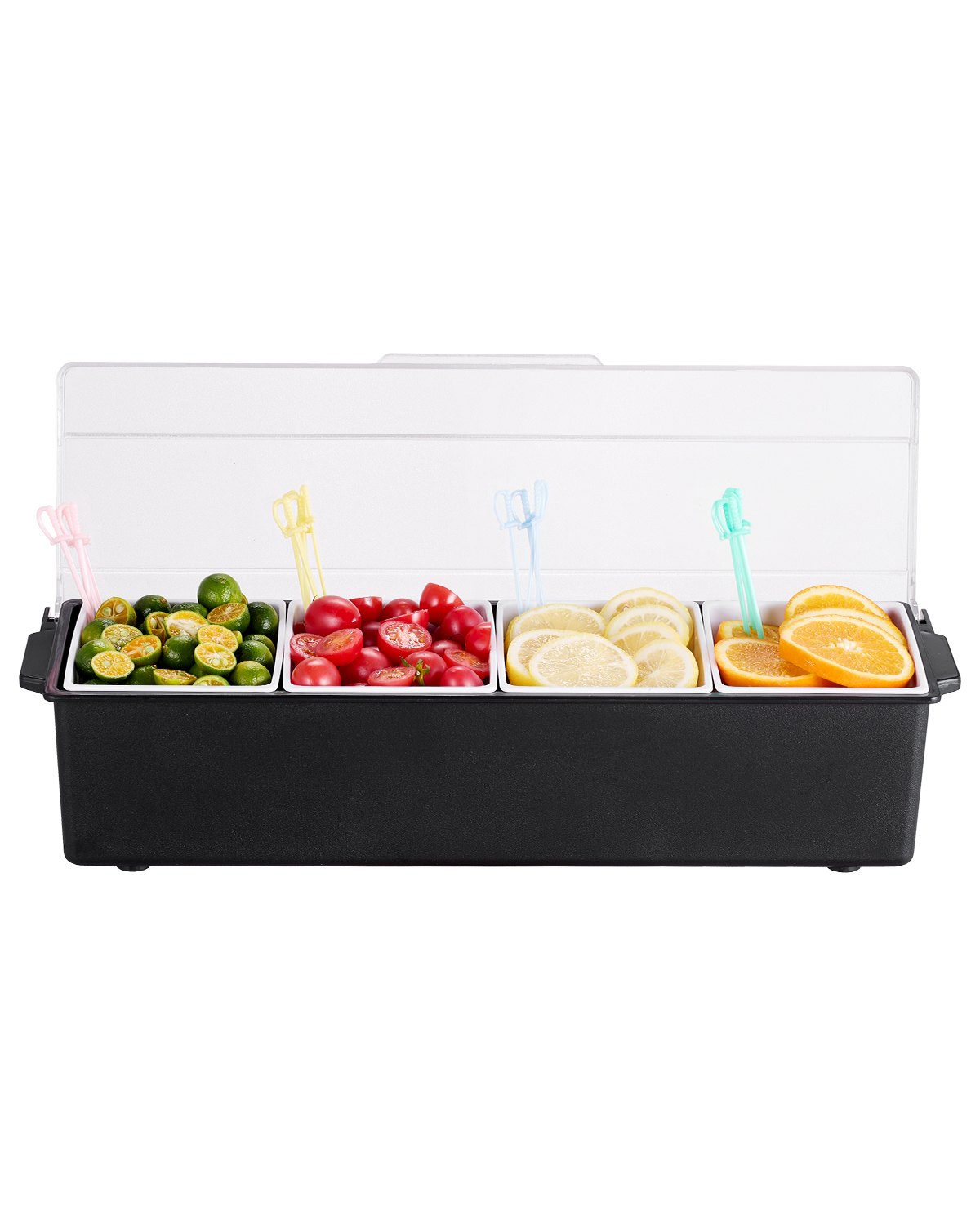 Servidor de condimentos refrigerados VEVOR, recipiente para servir condimentos refrigerado con 4 compartimentos, bandeja de bar con tapa, ideal para servir tacos, ensaladas y frutas, así como para el hogar y la restauración.