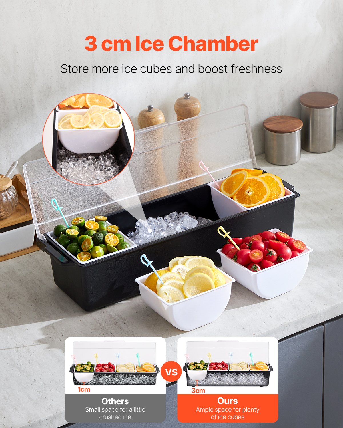 VEVOR Chilled Condiment Server, 4 Compartment Ice Cooled Condiment Serving Container, Chilled Garnish Tray Bar Caddy with Lid, for Bartending & Serving Taco, Salad, Fruit, Home & Restaurant Supplies