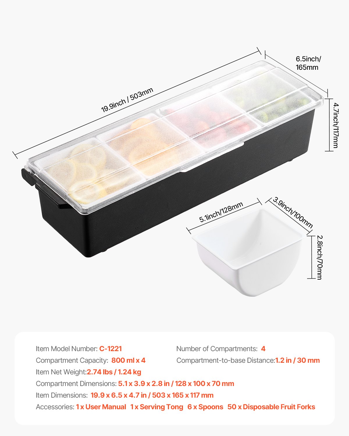 VEVOR Chilled Condiment Server, 4 Compartment Ice Cooled Condiment Serving Container, Chilled Garnish Tray Bar Caddy with Lid, for Bartending & Serving Taco, Salad, Fruit, Home & Restaurant Supplies
