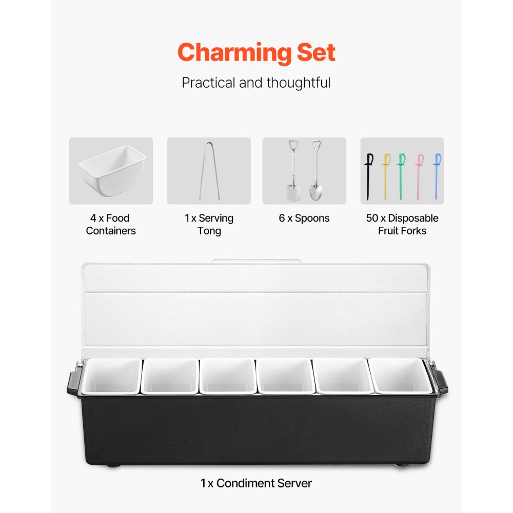VEVOR Chilled Condiment Server, 6 Compartment Ice Cooled Condiment Serving Container, Chilled Garnish Tray Bar Caddy with Lid, for Bartending & Serving Taco, Salad, Fruit, Home & Restaurant Supplies