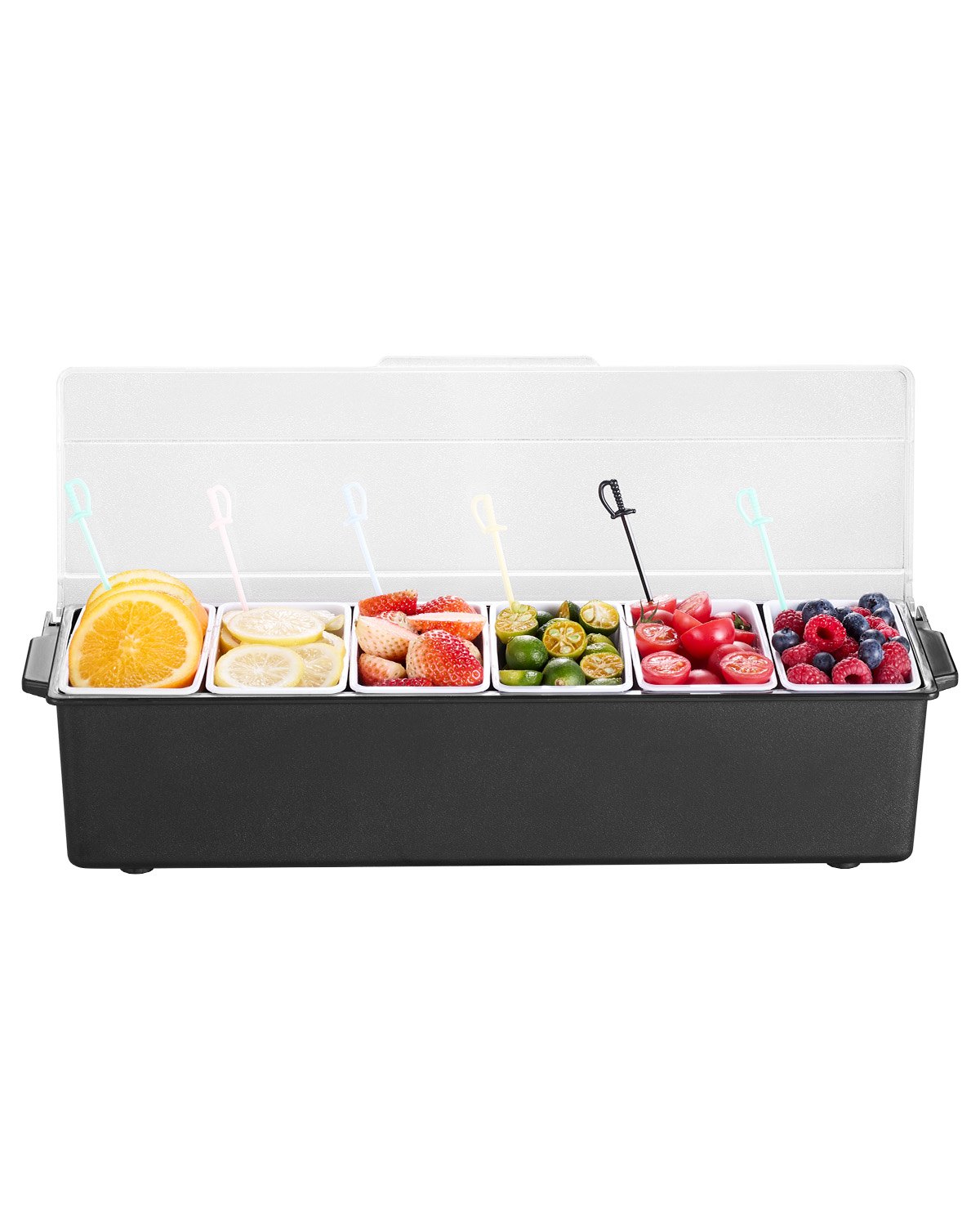 Servidor de condimentos refrigerados VEVOR, recipiente para servir condimentos refrigerado con 6 compartimentos, bandeja de bar con tapa, ideal para servir tacos, ensaladas y frutas, así como para el hogar y la restauración.