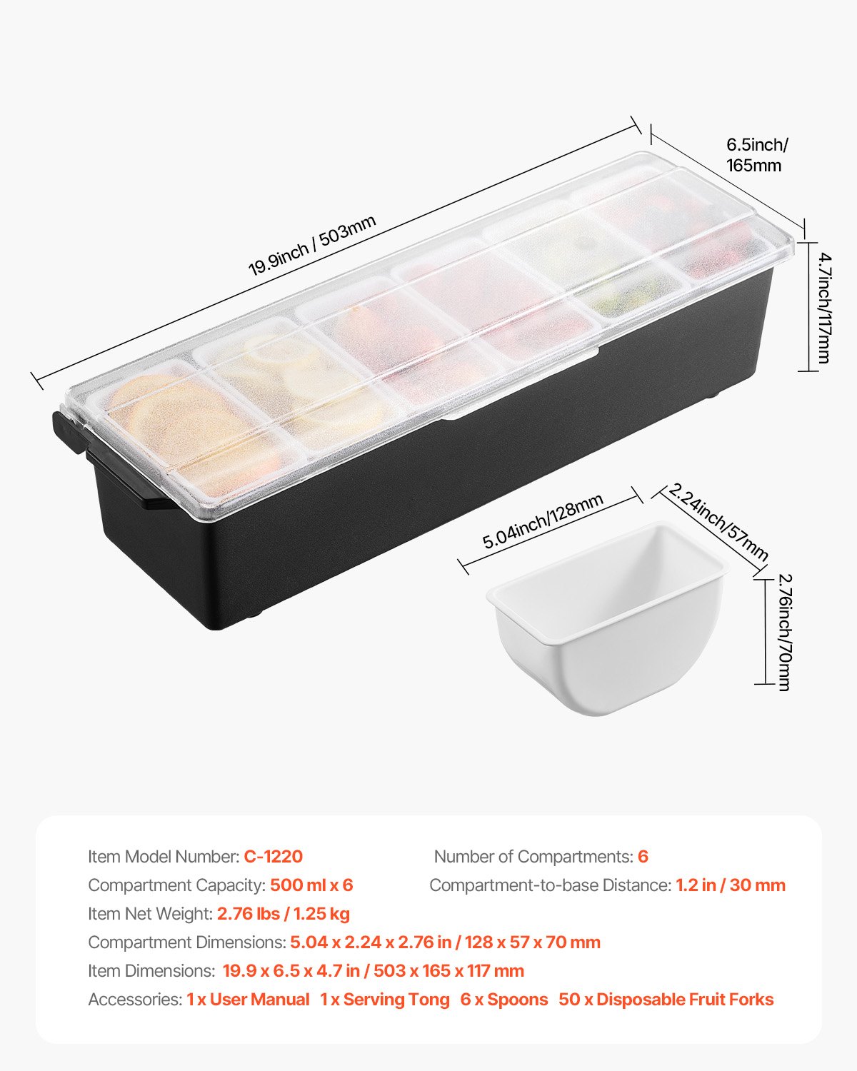 VEVOR Chilled Condiment Server, 6 Compartment Ice Cooled Condiment Serving Container, Chilled Garnish Tray Bar Caddy with Lid, for Bartending & Serving Taco, Salad, Fruit, Home & Restaurant Supplies