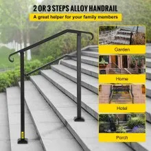 VEVOR Barandilla de escalera para exteriores, compatible con 2 o 3 escalones de aleación de metal, pasamanos de transición flexible para porche delantero, riel de arco con kit de instalación, para escaleras de hormigón o madera, negro