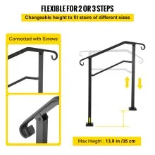 VEVOR Barandilla de escalera para exteriores, compatible con 2 o 3 escalones de aleación de metal, pasamanos de transición flexible para porche delantero, riel de arco con kit de instalación, para escaleras de hormigón o madera, negro