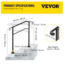 VEVOR Barandilla de escalera para exteriores, compatible con 2 o 3 escalones de aleación de metal, pasamanos de transición flexible para porche delantero, riel de arco con kit de instalación, para escaleras de hormigón o madera, negro