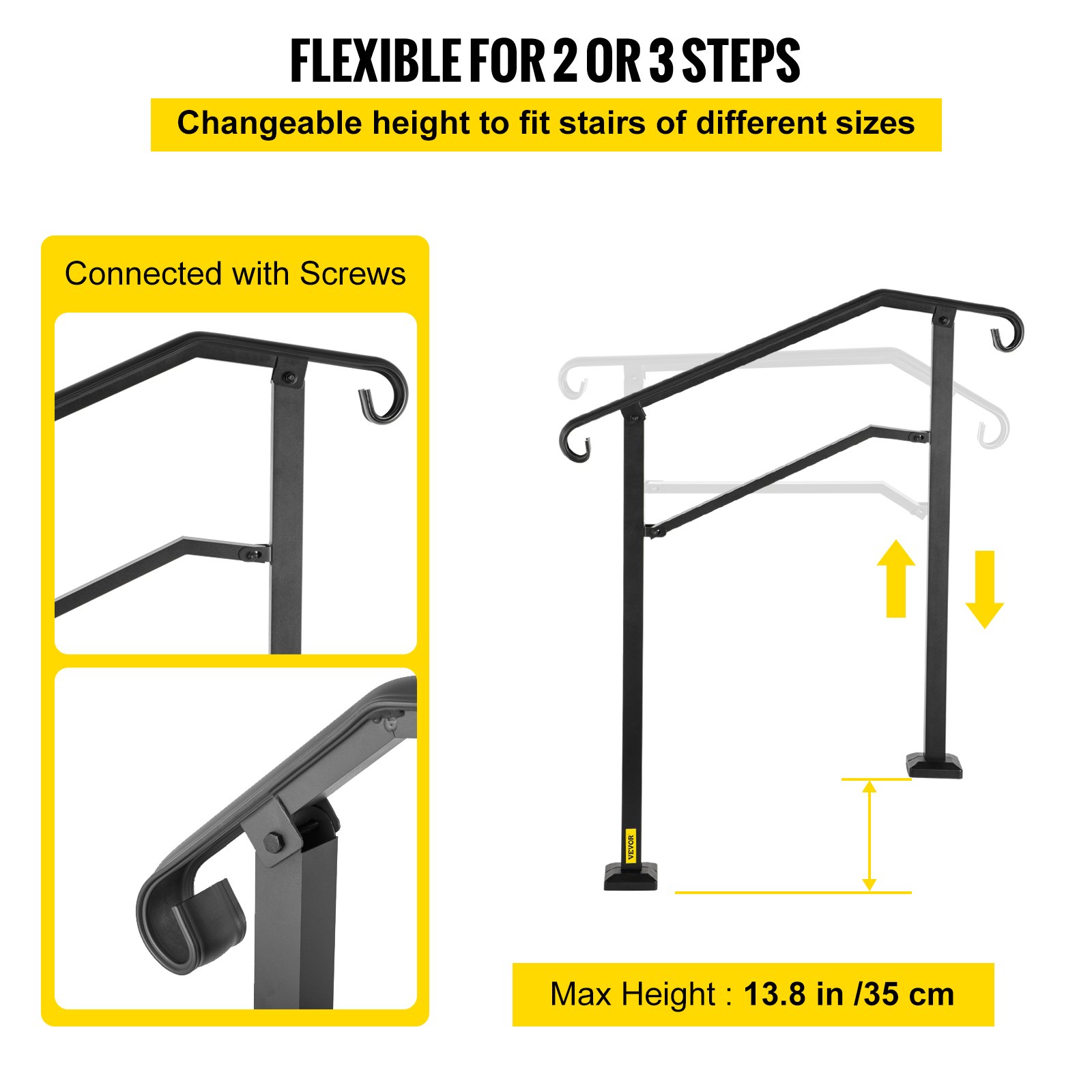 VEVOR - Barandilla de escalera para exterior, apta para 2 o 3 escalones, de aleación de metal, flexible, de transición, para porche, con kit de instalación, para escaleras de hormigón o madera, color negro
