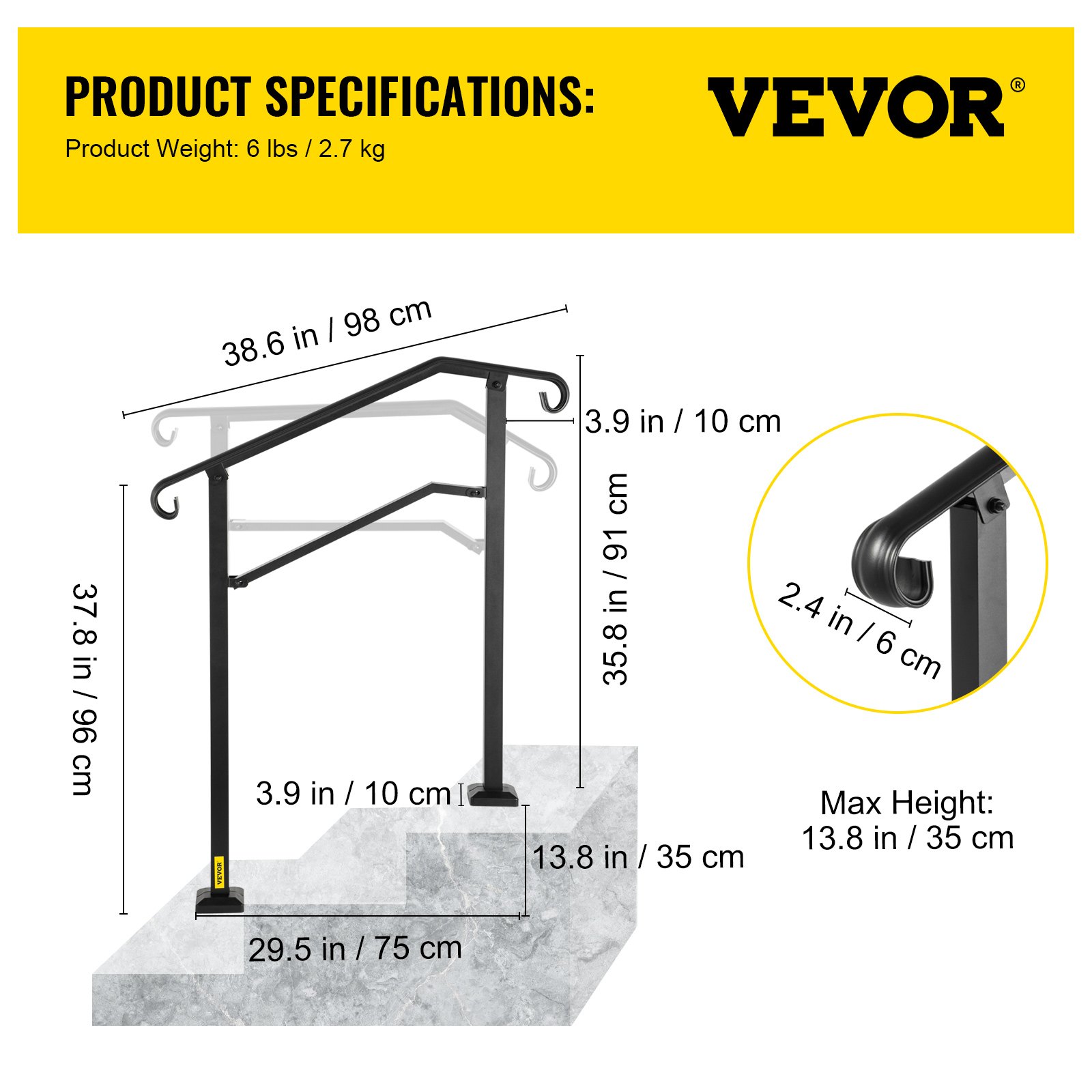 VEVOR - Barandilla de escalera para exterior, apta para 2 o 3 escalones, de aleación de metal, flexible, de transición, para porche, con kit de instalación, para escaleras de hormigón o madera, color negro