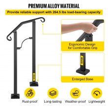 VEVOR Barandilla de escalera para exteriores, barandilla de aleación de metal, pasamanos de transición flexible de 1 o 2 escalones, barandilla de escalera para exteriores con kit de instalación, pasamanos para escaleras de hormigón o madera, negro