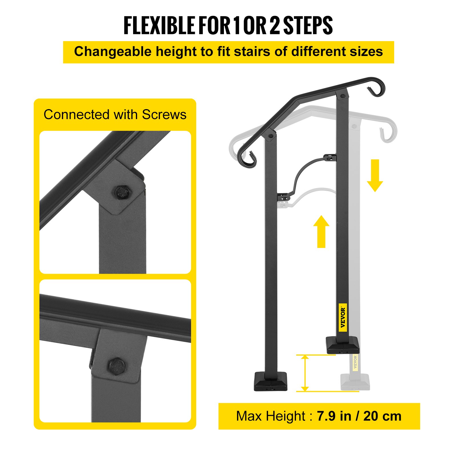 VEVOR - Barandilla de escalera para exterior, de aleación de metal, flexible, para 1 o 2 escalones, con kit de instalación, para escaleras de hormigón o madera, color negro