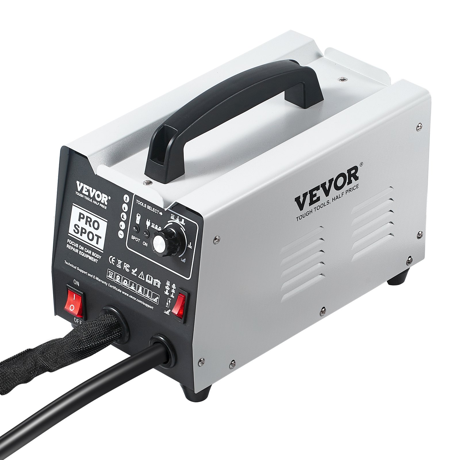 Kit de reparación de abolladuras con soldadora de pernos VEVOR, máquina de soldadura por puntos de 110 V para carrocerías de automóviles con 7 modos de soldadura y potencia ajustable, herramienta de eliminación de abolladuras con soldadora por puntos de 1,8 kW para reparación de abolladuras de automóviles y camiones.