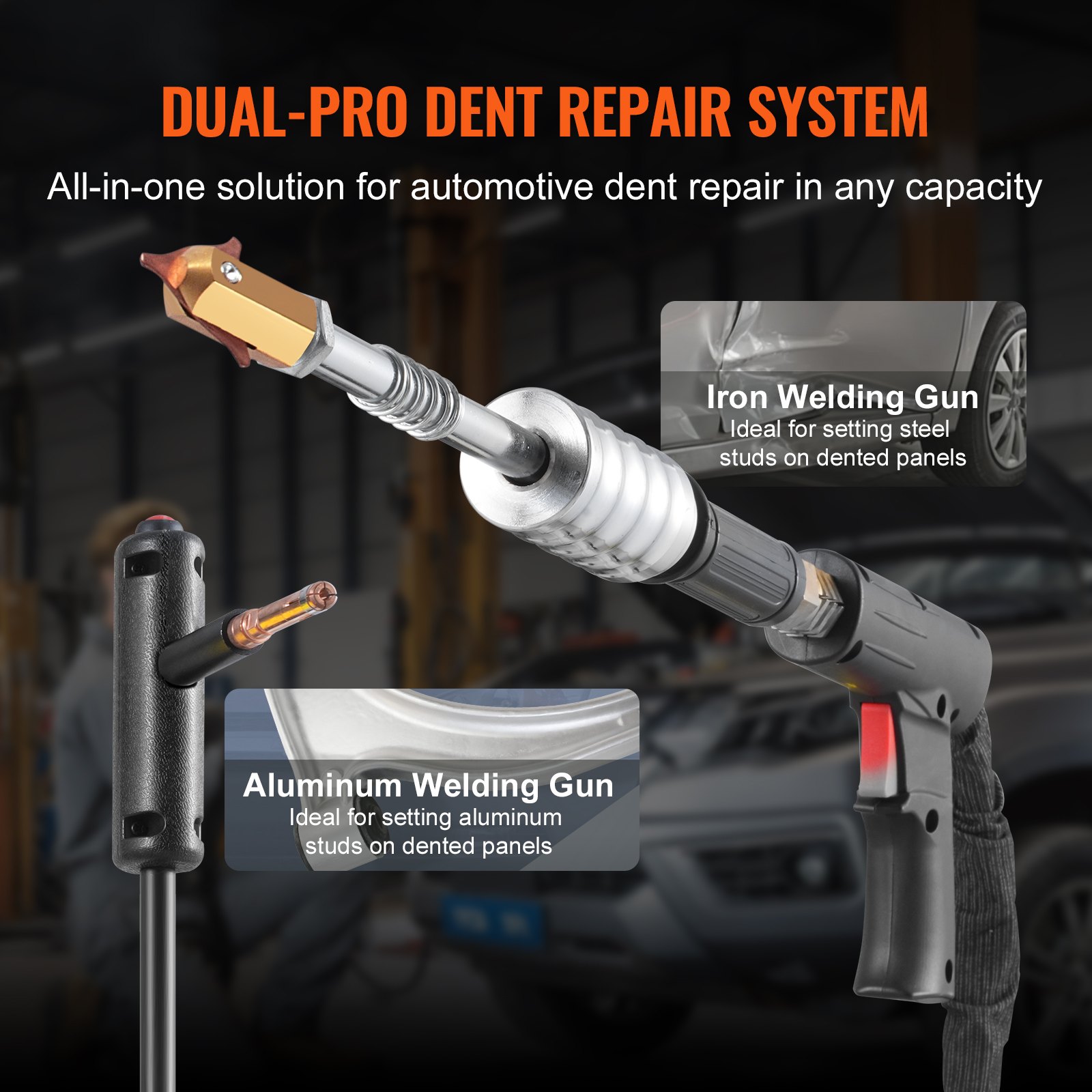 VEVOR Dual Pro Stud Welder Deluxe AL/Fe Kit de reparación de abolladuras, soldadora profesional de 5 kW con soldadura automática/manual y 10 modos, máquina de soldadura por puntos de 110 V para reparación de paneles de acero y aluminio.