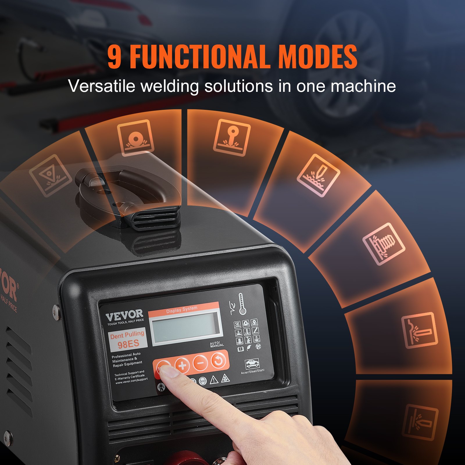 Kit de reparación de abolladuras con soldadora de pernos VEVOR, extractor de abolladuras con soldadora por puntos de 3 kW con soldadura automática/manual y 9 modos versátiles, máquina extractora de abolladuras de 110 V para reparación de abolladuras de automóviles y camiones.