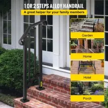 VEVOR Barandilla de escalera para exteriores, para pasamanos de aluminio de 1 o 2 escalones, pasamanos de transición flexible para porche delantero, riel de piquete con kit de instalación, para escaleras de hormigón o madera, negro