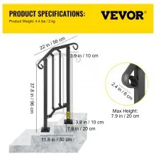 VEVOR Barandilla de escalera para exteriores, para pasamanos de aluminio de 1 o 2 escalones, pasamanos de transición flexible para porche delantero, riel de piquete con kit de instalación, para escaleras de hormigón o madera, negro