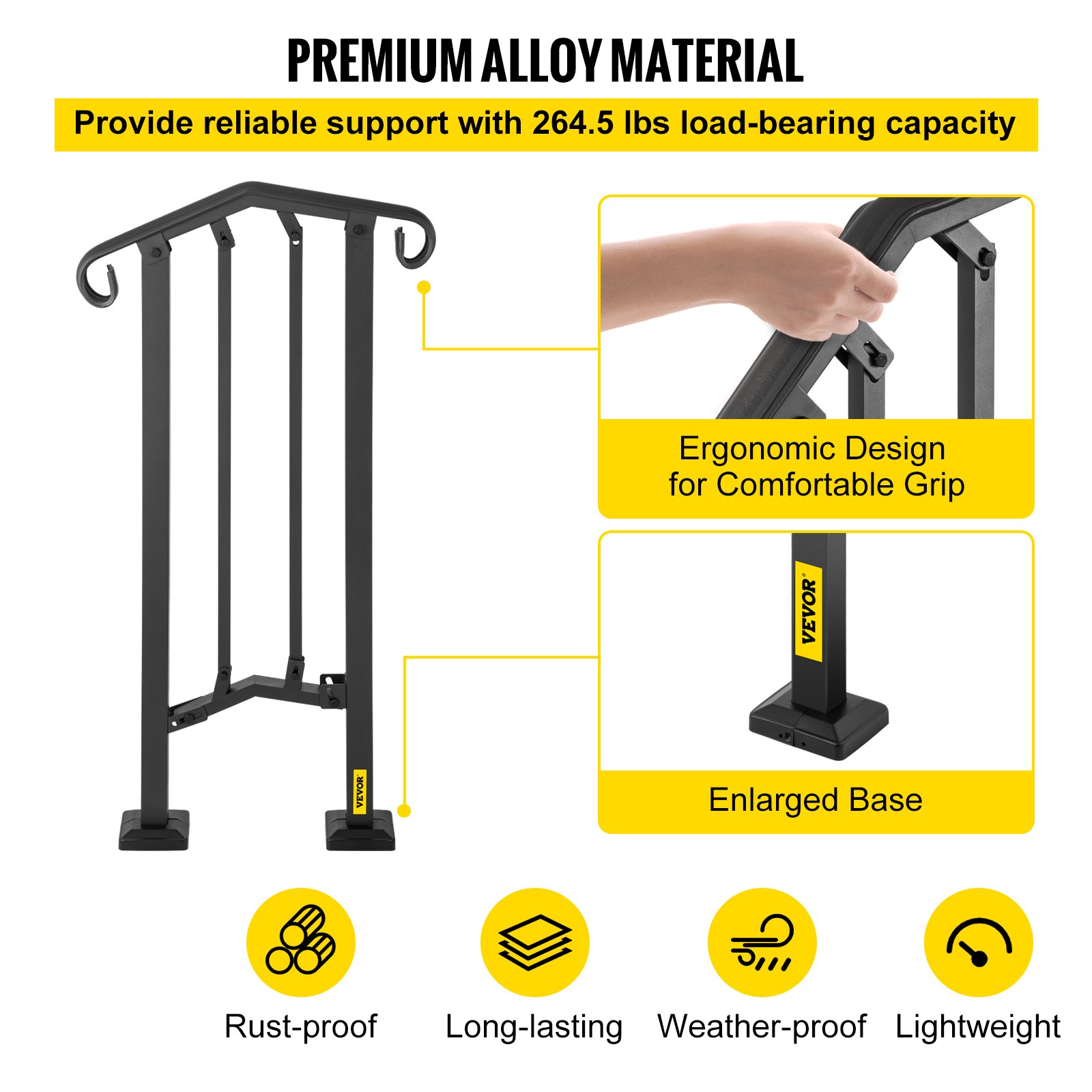 VEVOR - Barandilla de escalera para exterior, de aluminio, para 1 o 2 escalones, flexible, para porche, con kit de instalación, para escaleras de hormigón o madera, color negro