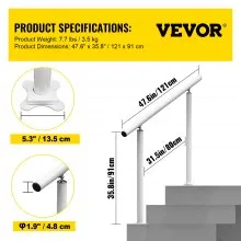 VEVOR Pasamanos de Escaleras, Barandilla de Aluminio / Hierro, 121,9 cm, Blanco