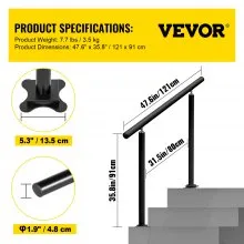 VEVOR Kit de barandilla de escalera para exteriores, pasamanos de 4 pies, 1-4 escalones, ángulo ajustable, barandilla de escalera de aluminio negro para ancianos, pasamanos para escalones al aire libre