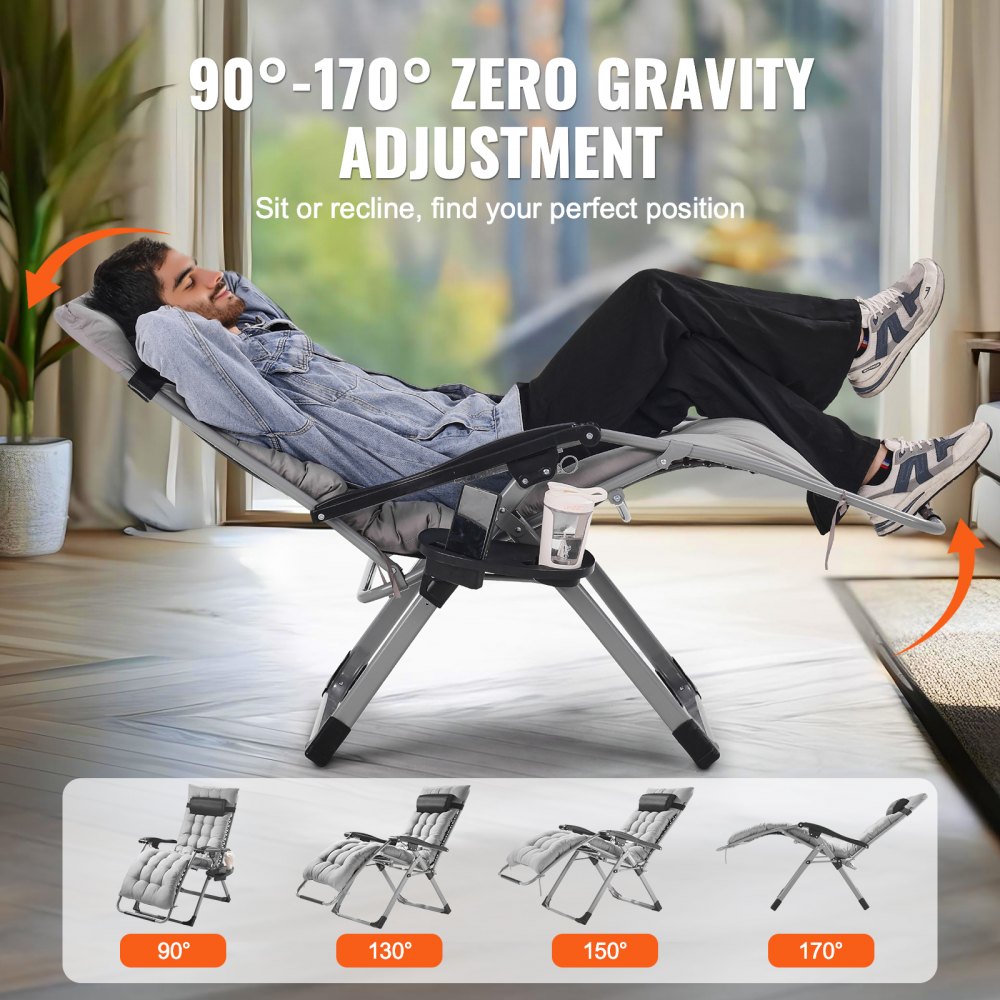 Silla reclinable VEVOR Zero Gravity de 66 cm para interior y exterior, ajustable, con cojín, reposacabezas, reposapiés y portavasos, soporta 227 kg, color gris.