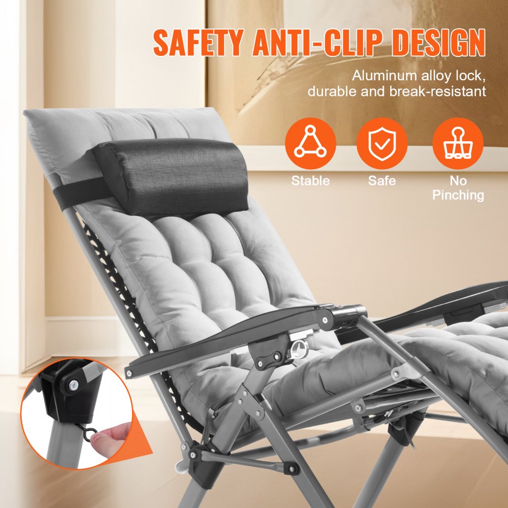 Silla reclinable VEVOR Zero Gravity de 66 cm para interior y exterior, ajustable, con cojín, reposacabezas, reposapiés y portavasos, soporta 227 kg, color gris.