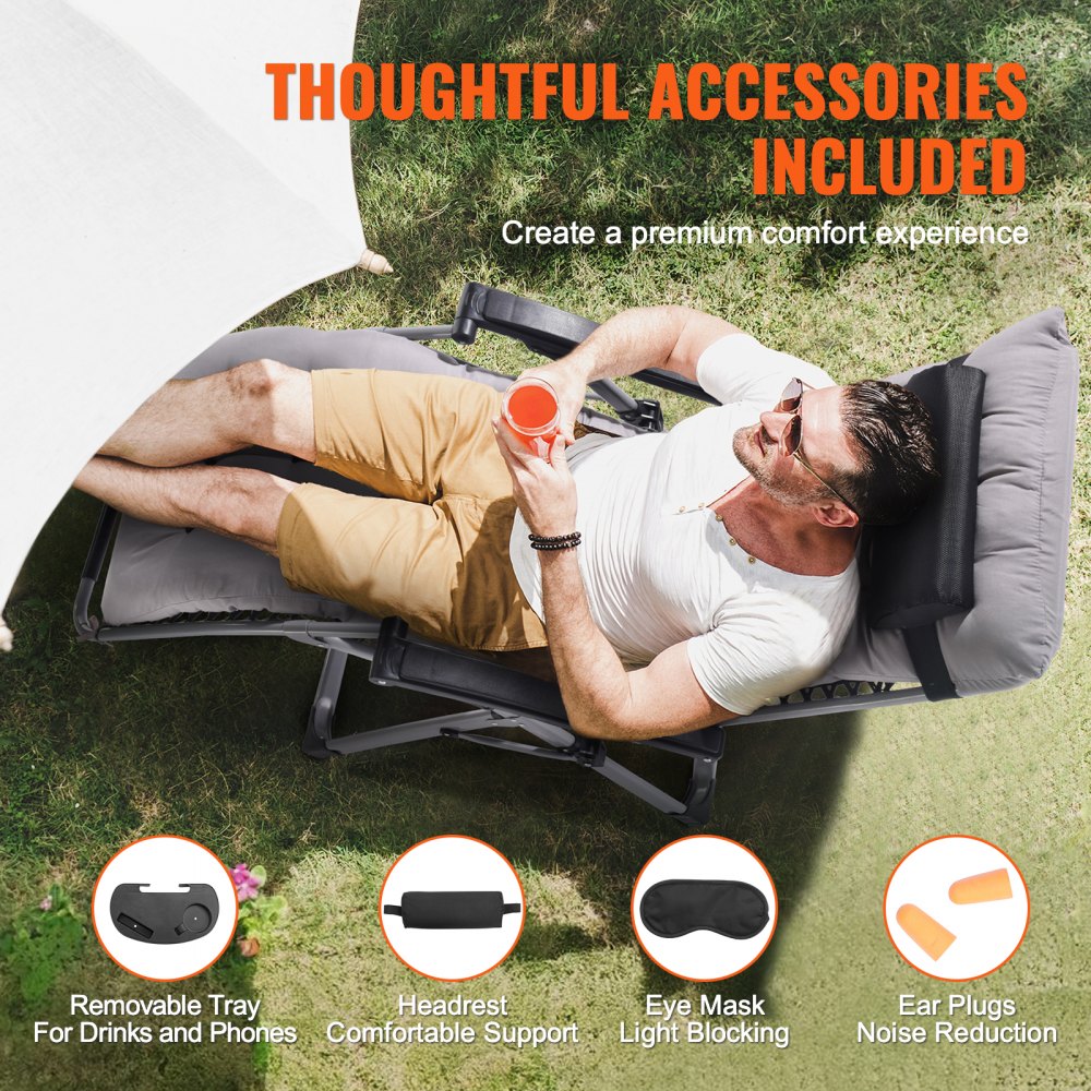 Silla reclinable VEVOR Zero Gravity de 66 cm para interior y exterior, ajustable, con cojín, reposacabezas, reposapiés y portavasos, soporta 227 kg, color gris.