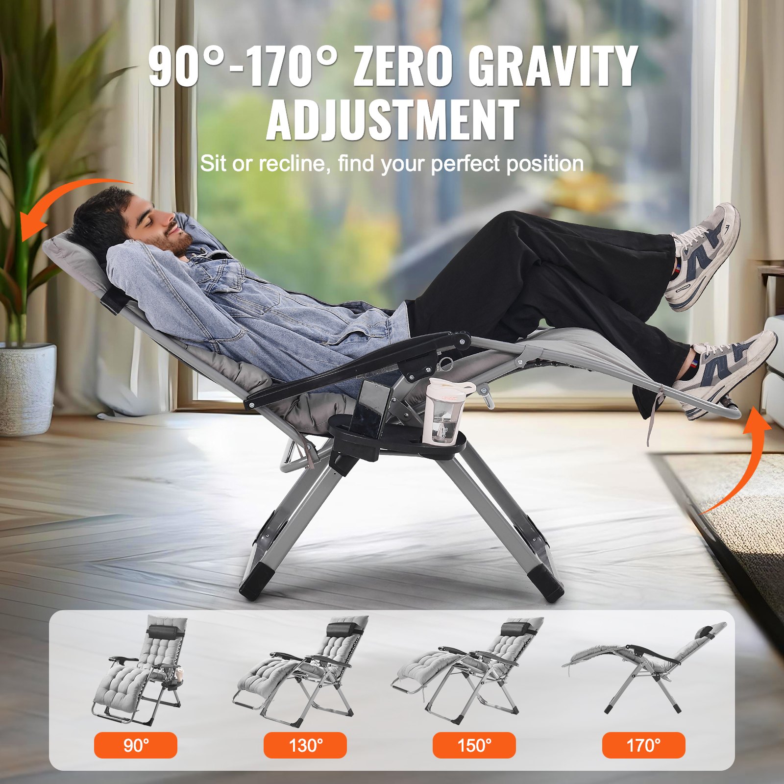 Silla reclinable VEVOR Zero Gravity de 66 cm para interior y exterior, ajustable, con cojín, reposacabezas, reposapiés y portavasos, soporta 227 kg, color gris.