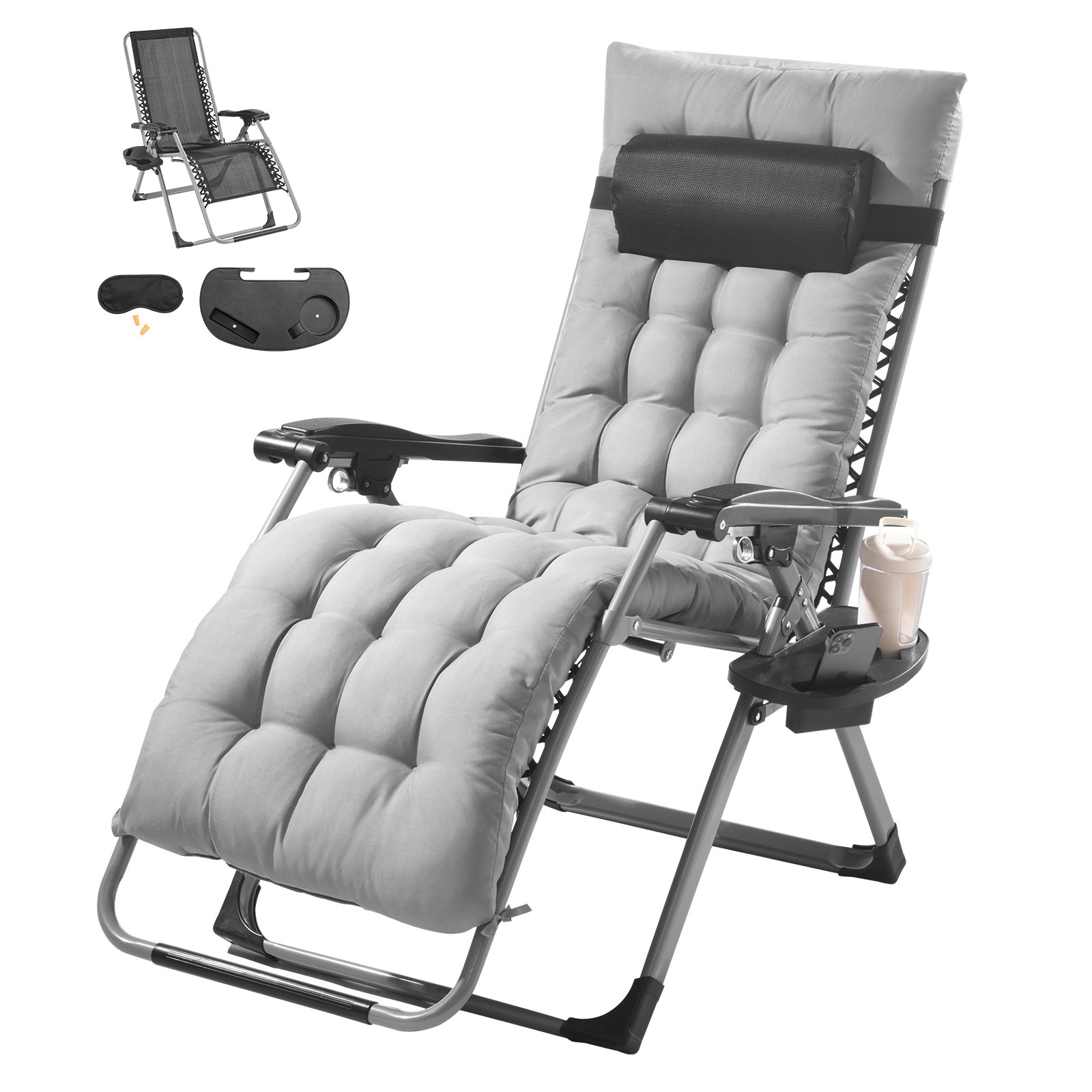 Silla reclinable VEVOR Zero Gravity de 66 cm para interior y exterior, ajustable, con cojín, reposacabezas, reposapiés y portavasos, soporta 227 kg, color gris.