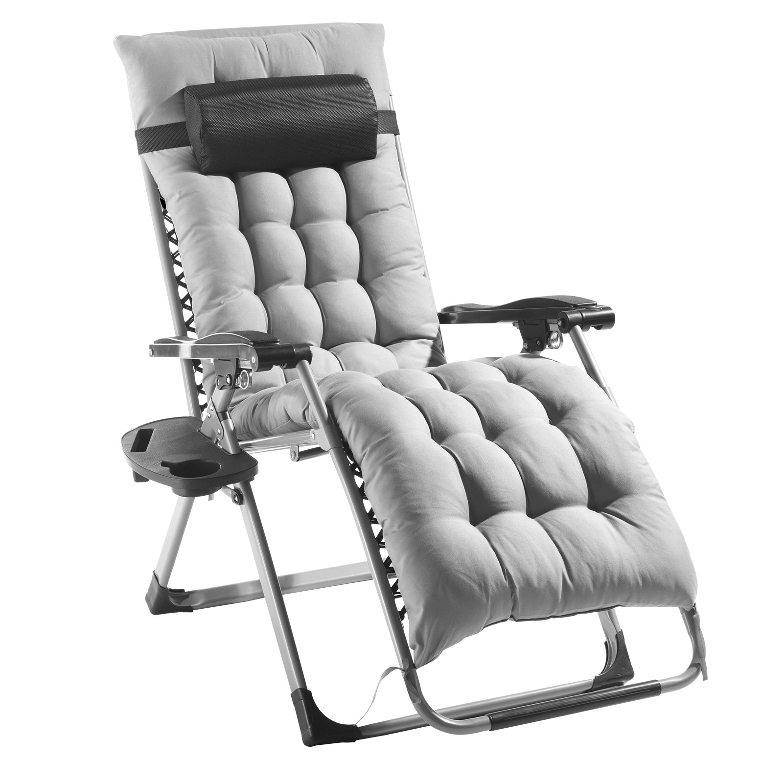 Silla reclinable VEVOR Zero Gravity de 66 cm para interior y exterior, ajustable, con cojín, reposacabezas, reposapiés y portavasos, soporta 227 kg, color gris.
